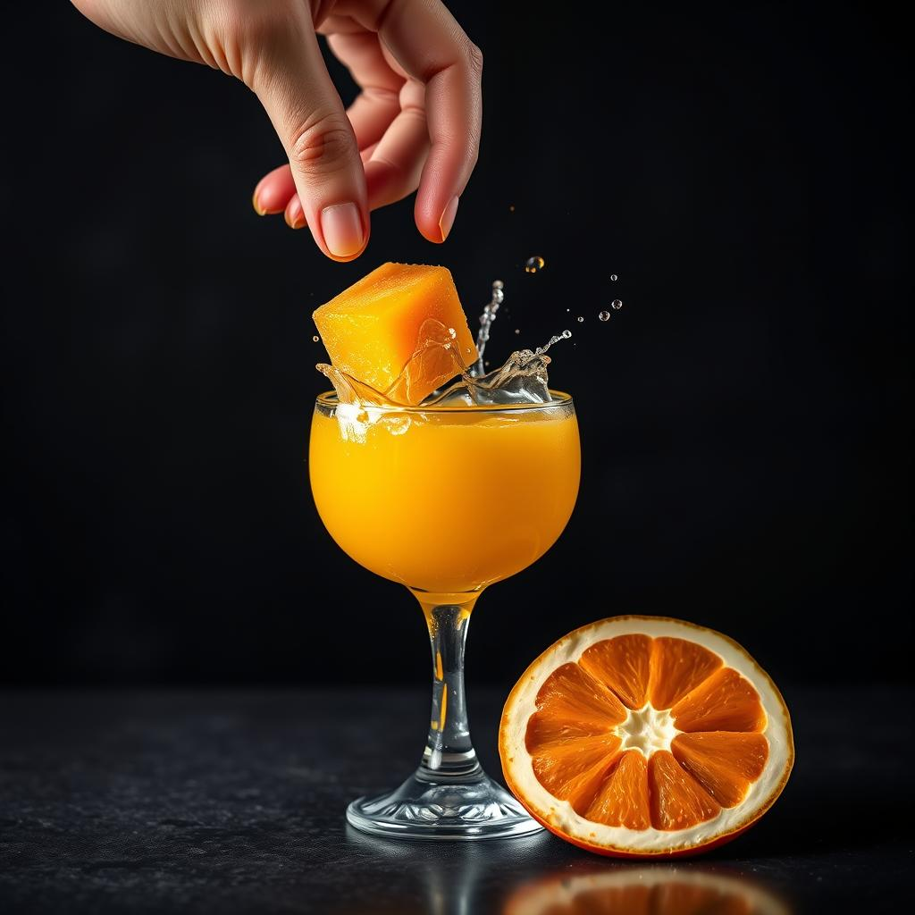 Trufud Cube Innovation - Hand dropping frozen fruit cube into cocktail